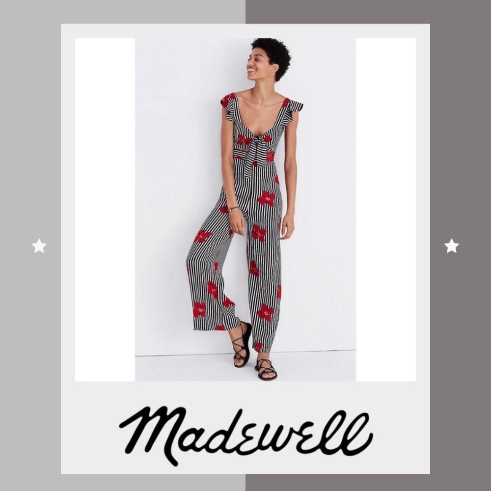 Madewell Jumpsuit - Black & White stripes with Red flowers (10)